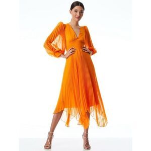 Alice+ Olivia Sion Orange Sheer Asymmetrical V Neck Empire Waist Dress XS